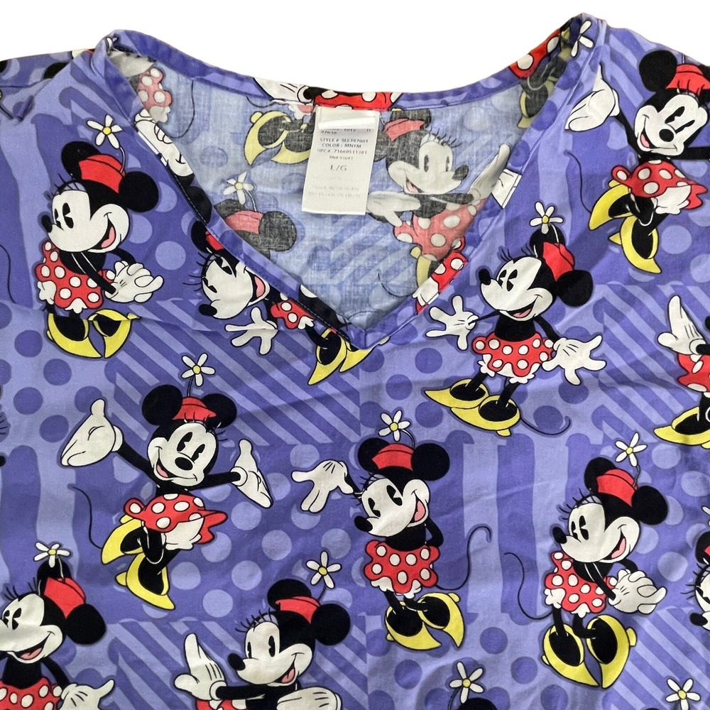 Disney Womens Large Scrub Top Mickey Minnie Halloween Purple V Neck